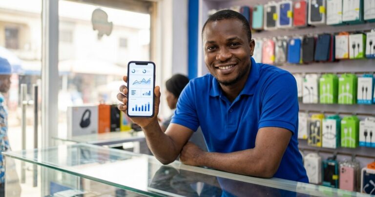 A Lagos phone shop owner holding up a phone showing a simple advertising dashboard