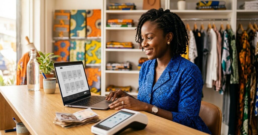 A Lagos boutique owner at her shop counter reviewing her new shop website on a laptop